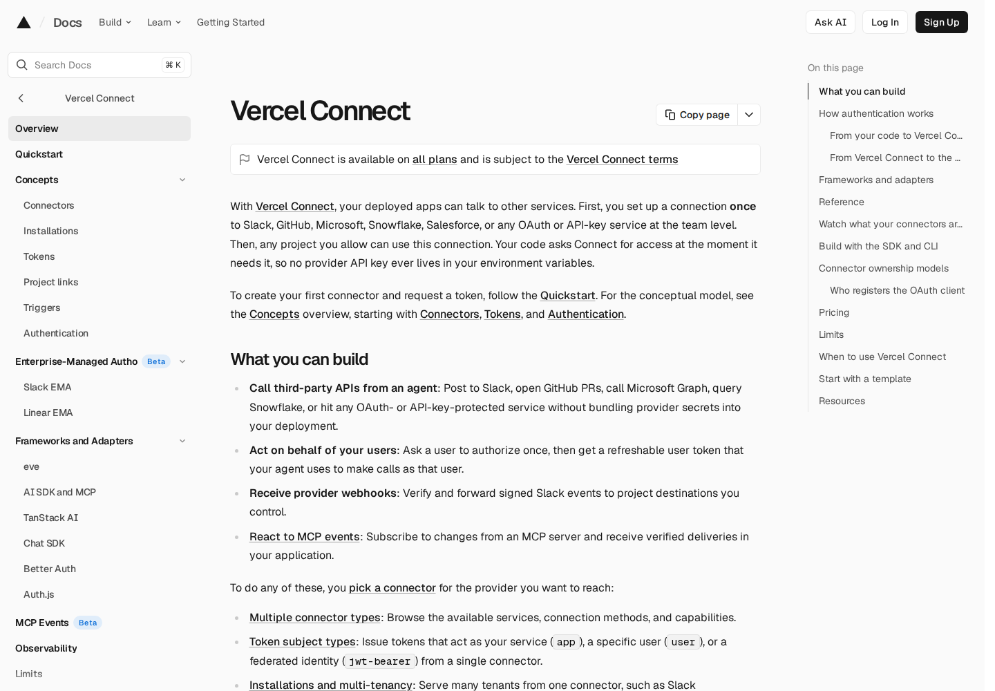Screenshot of Vercel Connect official website