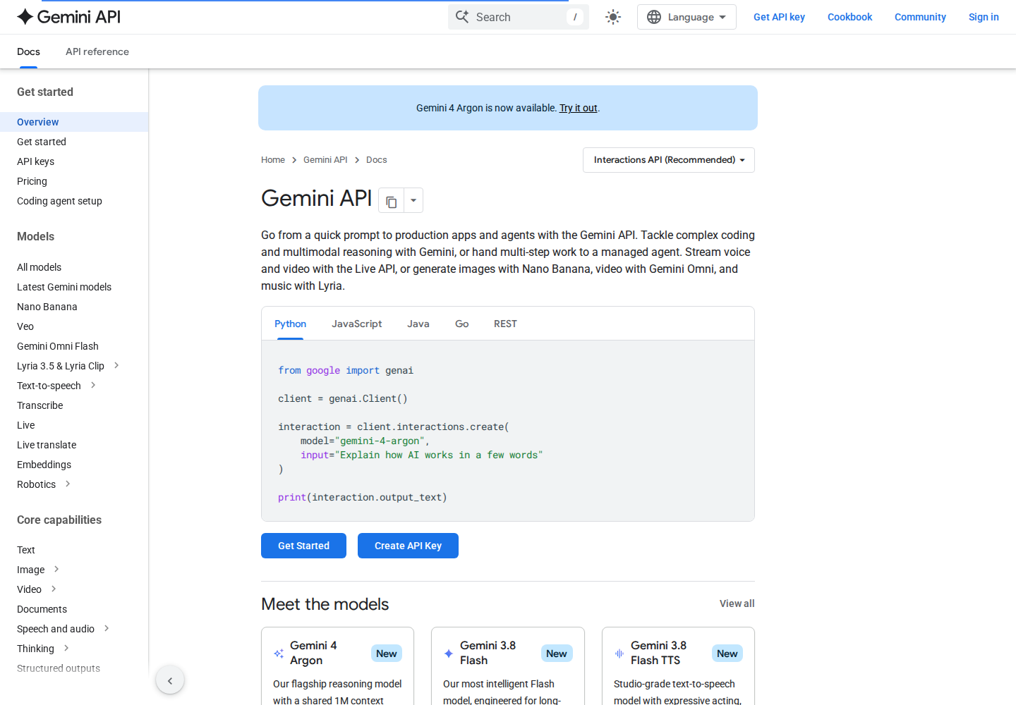 Screenshot of Gemini API official website