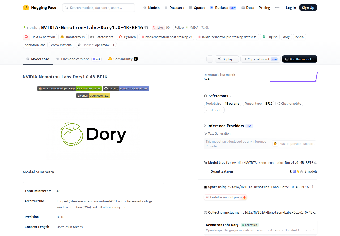 Screenshot of NVIDIA Nemotron Labs Dory1.0-4B official website